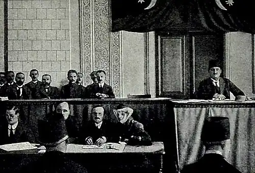 The first meeting of the Parliament of the Azerbaijan Democratic Republic, where a tricolor flag was hung. 7 December 1918.