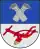 A coat of arms depicting two grey sheaves of wheat on a blue background at the top and a red plowshare on a grey background at the bottom
