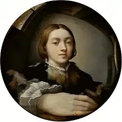 Forerunner of Escher's curved perspectives, geometries, and reflections: Parmigianino's Self-portrait in a Convex Mirror, 1524[22]