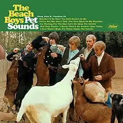 The Beach Boys at the zoo feeding apples to goats. The header displays "The Beach Boys Pet Sounds" followed by the album's track list.