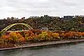Red, orange, and yellow leaves on trees in an urban park on the shore of a river, a yellow bridge rises in the background
