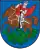 A coat of arms depicting a man in full body armour riding a brown horse that is tramplinga green dragon spewing red flames from its mouth