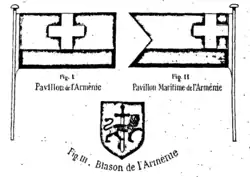 Left: Proposed national flag by the Veradzenount magazine. Right: Proposed naval ensign. Center: Proposed Coat of Arms.