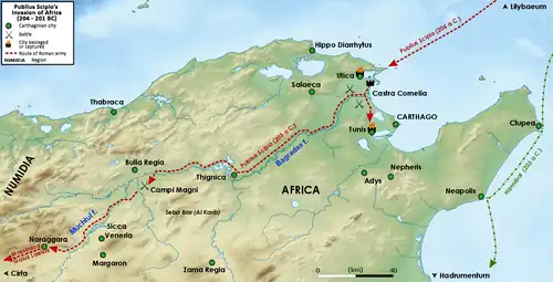 A relief map of part of north Africa, showing the site of the battle and the movements of Scipio's forces during the campaign