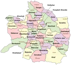 Location of Kashmar County in Razavi Khorasan province (center left, yellow)