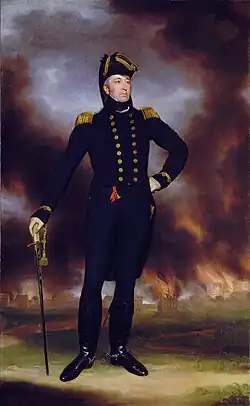 Portrait of Admiral Cockburn at the National Maritime Museum in Greenwich, London, with Washington, D.C., burning in the background, including the U.S. Capitol and Treasury Building on the right