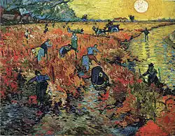 A vineyard with many people working picking fruit, while a very large and bright sun shines in the sky.