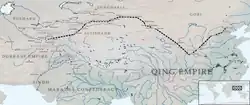 A color map centred on the Himalays, Tibet and China; which shows a journey from Afghanistan to Beijing
