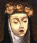 St. Rose of Lima wears a Dominican habit and a crown of roses, her eyes closed.