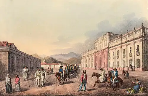 The colonial Real Casa de la Moneda (now called Palacio de la Moneda) in 1824 (by Paroissien, Scharf and Rowney & Forster). John Carter Brown Library.[17]