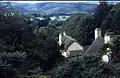 Thatched roofs of white painted houses nestled in tree filled valley.