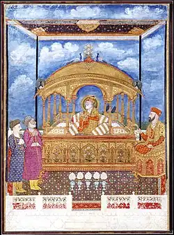 Shah Alam II seated on the throne, next to him the crown prince, circa 1800
