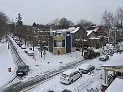 Snowy city streets, seen from above