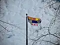 The Sovereign's Flag of Canada flies outside Government House in Halifax on the Coronation of Charles III. The Royal Banner of Scotland features in the quartered coat displayed in the upper divisions.