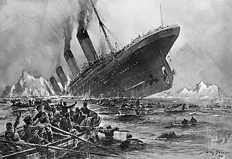 Painting of a ship sinking by the bow, with people rowing a lifeboat in the foreground and other people in the water. Icebergs are visible in the background.