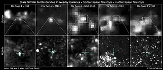 Array of images of ten stars similar to η&nbsp;Carinae in nearby galaxies