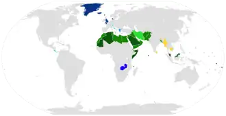 Nations with Christianity as their state religion are in blue.