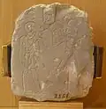 Broken votive stele depicting a man (right) adoring Djeserkare (Amenhotep I, left). 19-20th dynasty, New Kingdom. Limestone, probably found in Deir le-Medina by the Rosellini expedition (1828–29).