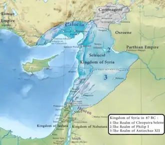 A map depicting Syria and its neighbours in 87 BC, showing the limits of Antiochus XII and his opponents' territories