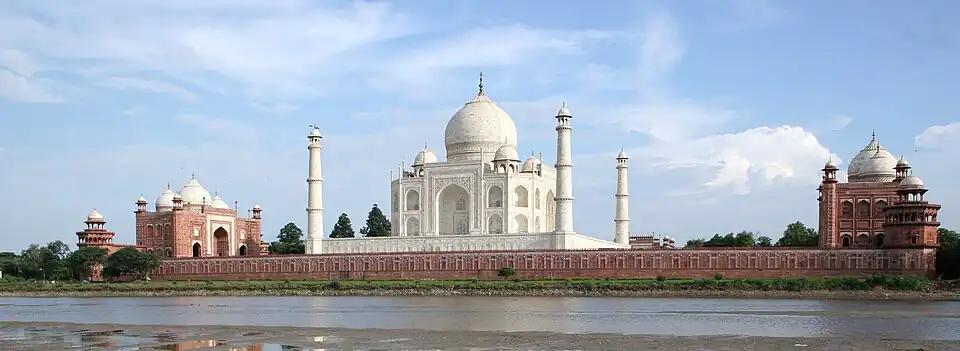 Taj Mahal and outlying buildings as seen from across the Yamuna River (northern view)