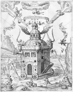 Wren was part of the group around John Wilkins, known as the Invisible College. This is the emblematic image of a Rosicrucian College, an illustration from Speculum sophicum Rhodo-stauroticum, a 1618 work by Theophilus Schweighardt.