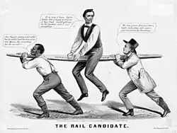 Lincoln being carried by two men (one White, one Black) on a long board.