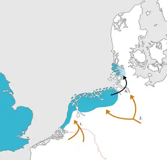 &nbsp;&nbsp;Position of North Sea Germanic dialects (Old English & Old Frisian) directly following the migration period. &nbsp;&nbsp;Linguistic expansion of Old Frankish (1.) and Old Saxon (2.). &nbsp;&nbsp;10th/11th century migration of (Ems) Frisian speakers to the North German mainland (A.)