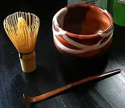 upper left : chasen (茶筅), upper right : chawan (茶碗), lower right: chashaku (茶杓)