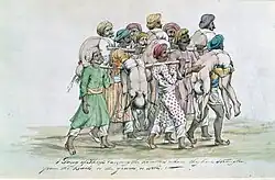 Another of Paton's illustrations, depicting thugs carrying the bodies of their strangled victims. According to Wagner, the manuscript these watercolours adorned was characterised by an "aggressively Evangelical zeal".