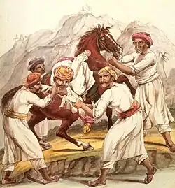 Another of Paton's illustrations, depicting thugs strangling a traveller on horseback. The approver interviews in Paton's manuscript were interspersed with Biblical quotations and lengthy reflections on the moral depravity of man.
