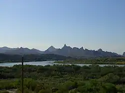 View of a wide river flowing through a forested area, with jagged mountains in the background