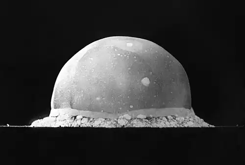The Trinity explosion, 16 ms after detonation. The fireball hemisphere's highest point in this image is about 200 meters high.
