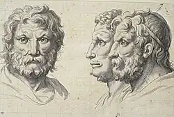 Three lion-like heads; by Charles Le Brun; c. 1671; black chalk, pen and ink, brush and grey wash, white gouache on paper; 21.7 × 32.7&nbsp;cm