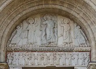 The tympanum of the side entrance of Saint-Sernin of Toulouse, (c. 1115) shows the Ascension of Christ, surrounded by angels, in a simple composition of standing figures.
