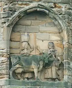 A legend claims that monks carrying the body of Saint Cuthbert were led by a milk maid who had lost her dun cow. They built Durham Cathedral where it was found.[169]
