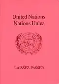 The front cover of a red machine-readable United Nations diplomatic laissez-passer