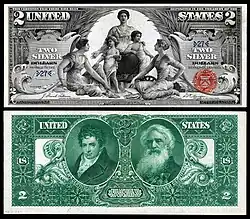 $2 Silver Certificate, Series 1896, Fr.1896, depicting allegory entitled "Science Presenting Steam and Electricity to Commerce and Manufacture"