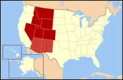 Regional definitions vary from source to source. The states shown in dark red are always included, while the striped states are usually considered part of the same region called the Mountain States