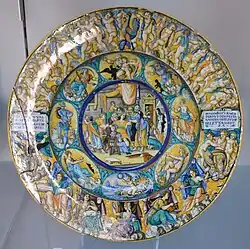 Maiolica dish with a childbirth scene, Urbino,  1546