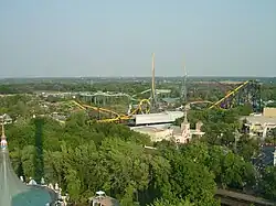 A distant shot of Batman: The Ride at Six Flags Great America