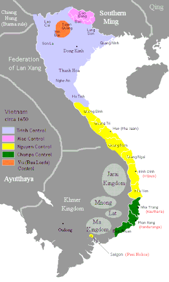 Map of Vietnam from 1627 shows Đại Việt between &nbsp;&nbsp;Nguyễn &nbsp;&nbsp;Lê dynasty under Trịnh clan's control &nbsp;&nbsp;Mạc as rump state &nbsp;&nbsp;Kingdom of Champa .