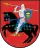 A coat of arms depicting a man in full body armour riding a black horse and carrying a white spear with a golden blade in his right hand