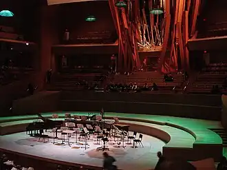 Interior of the Walt Disney Concert Hall with organ facade designed by Frank Gehry (2003)