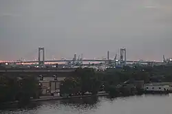 Walt Whitman Bridge crosses the Delaware, connecting Philadelphia and Gloucester City, New Jersey.