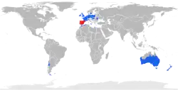 A map of the world showing the regions where the European rabbit is native and non-native