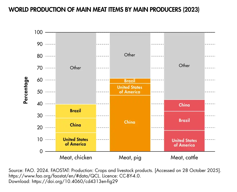 World production of main meat items by main producers (2023)[39]