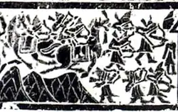 Yinan tombs relief, depicting an attack by Hu barbarians with pointed hats, bow and arrows. 2nd century AD, Eastern Han.[237]
