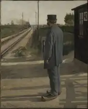 A gateman at work at a gated crossing of the South Line in Denmark. Painting by L. A. Ring, 1884.[7]
