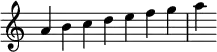 {
\override Score.TimeSignature #'stencil = ##f
\relative c'' {
\clef treble
\time 7/4 a4 b c d e f g a
} }