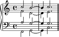 \new PianoStaff <<
\new Staff <<
\new Voice \relative c'' {
\stemUp \clef treble \key c \major \time 4/4
c2 b^~ b4 c2.
}
\new Voice \relative c' {
\stemDown
f2 d_~ d4 e2.
}
>>
\new Staff <<
\new Voice \relative c' {
\stemUp \clef bass \key c \major \time 4/4
a2 g^~ g4 g2.
}
\new Voice \relative c, {
\stemDown
f2 g_~ g4 c2. \bar "||"
}
>>
>>